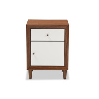 Baxton Studio FP-6783-Walnut/White-NS Harlow White and Walnut Wood 1-Drawer and 1-door Nightstand